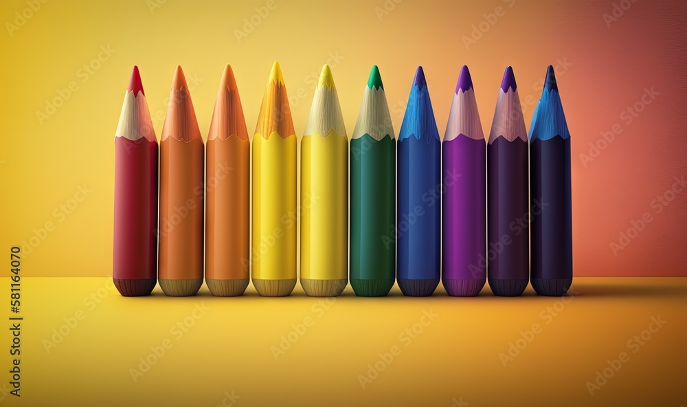 Aufkleber a row of colored pencils sitting on top of each other on a yellow surface with a red and pink backgr
