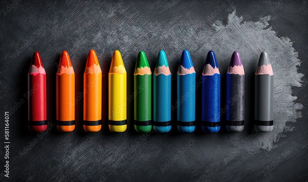 Poster a row of colored crayons lined up on a black surface with a chalk eraser in the middle of the row of