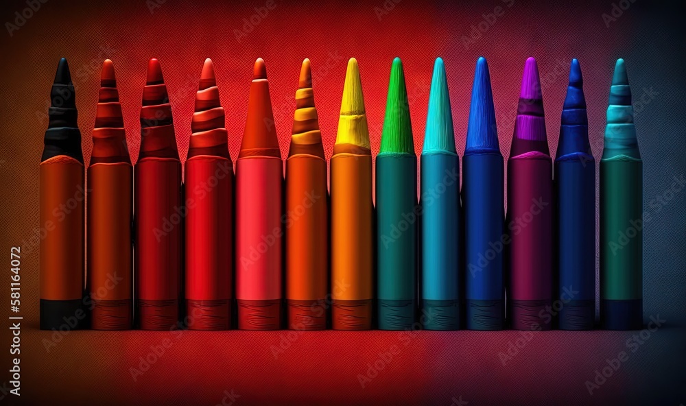 Poster a row of different colored crayons lined up in a row on a red background with a black border around 