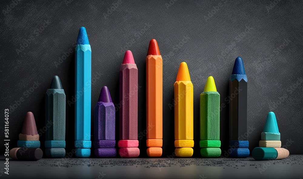Poster a row of colored crayons sitting on top of a table next to a chalkboard wall with a chalkboard in th