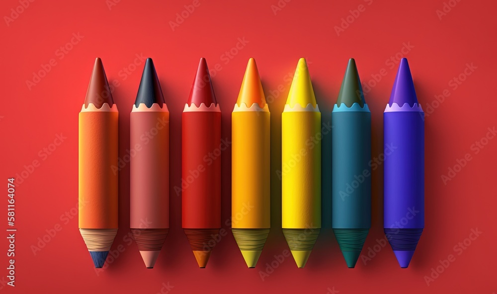 Poster  a row of colored pencils lined up on a red background with a red background and a red background with a row of colored pencils lined up on a red background.  generative ai