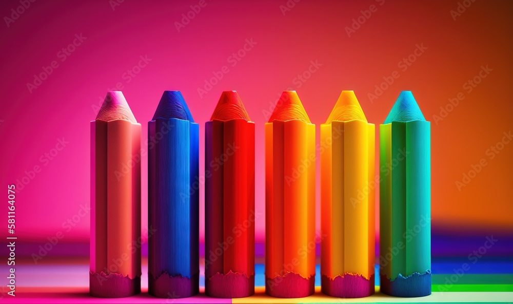 Poster a row of colored crayons sitting on top of a table next to each other on a colorful surface with a p