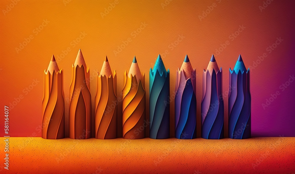 Aufkleber a row of pencils sitting on top of a table next to each other on an orange and purple background wit