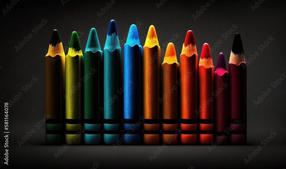 Poster a row of different colored crayons on a black background with a black background and a black backgro
