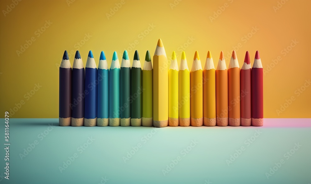 Poster a row of colored pencils sitting in front of a yellow background with a rainbow colored pencil stick