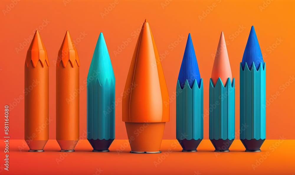 Poster a row of pencils sitting next to each other on top of a table with an orange background and a blue o