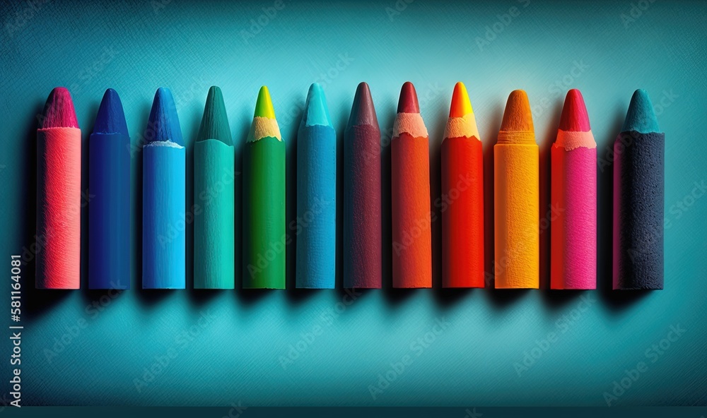 Poster a row of colored crayons lined up in a row on a blue background with a shadow of the crayons on the 