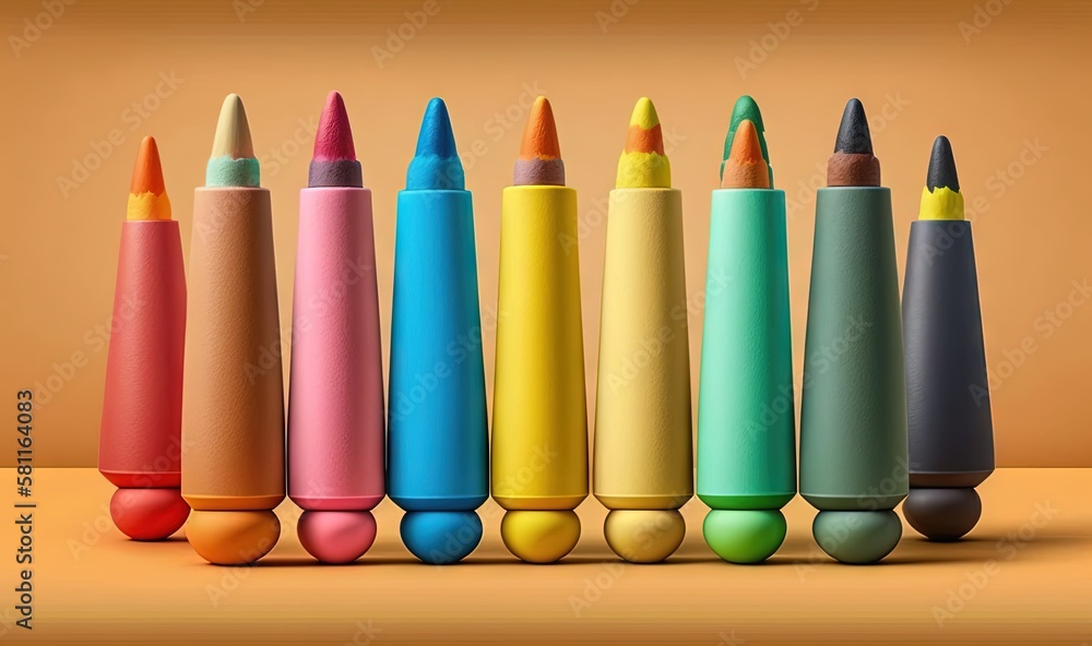 Poster a row of different colored pencils sitting on top of each other in front of an orange background wit