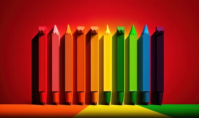  a row of colored pencils sitting on top of a table next to a red wall with a rainbow colored pencil in the middle of the row.  generative ai