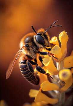 Honey bee sits on a flower and collects nectar.  Light of the rising sun,. Close-up. Generative ai