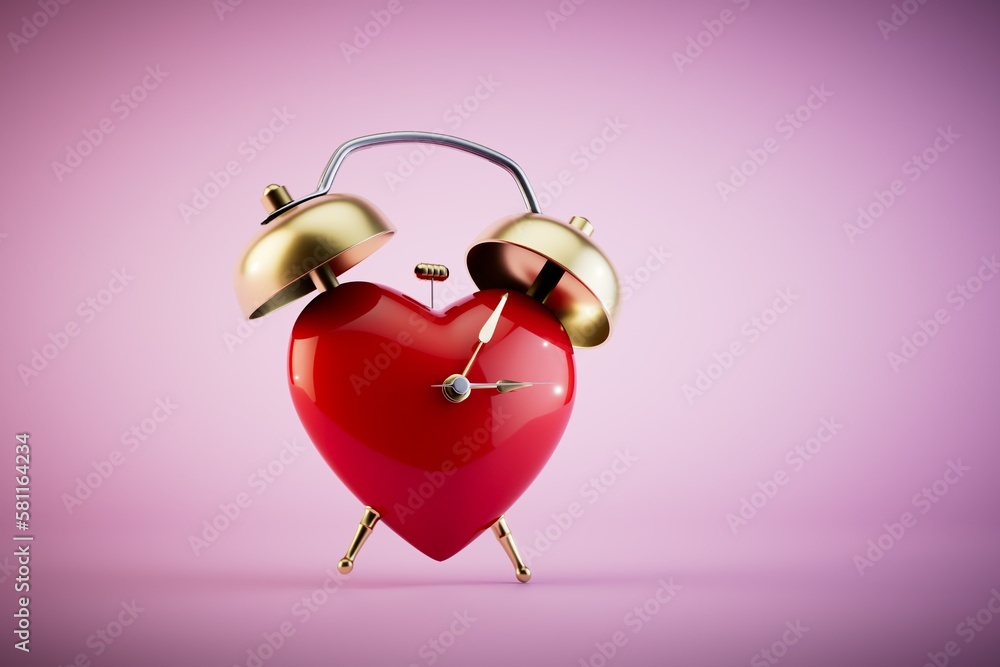 Poster a time to love. a large heart in the form of an alarm clock on a pastel background. 3d render