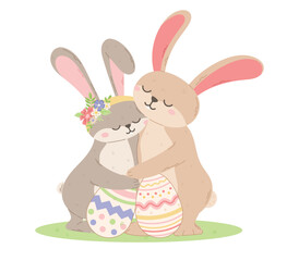A couple of cute embracing hares with decorated Easter eggs. Vector isolated cartoon illustration.