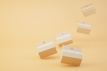 boxes with parcels flying on a pastel background. copy paste, copy space. 3D render