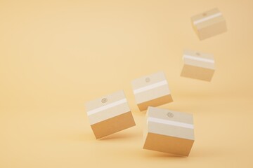 Fototapeta premium boxes with parcels flying on a pastel background. copy paste, copy space. 3D render