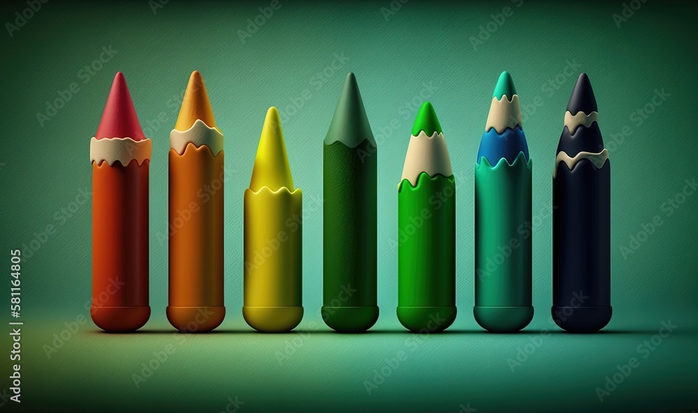 Poster a row of different colored pencils sitting next to each other on a green surface with a green backgr