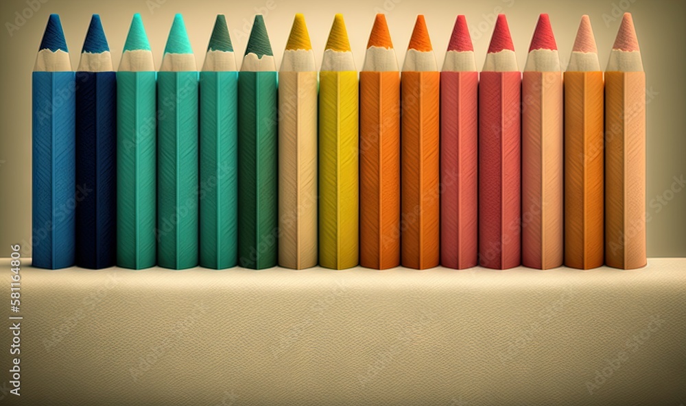Poster a row of colored pencils sitting on top of each other in different colors of the same pencil, on a w