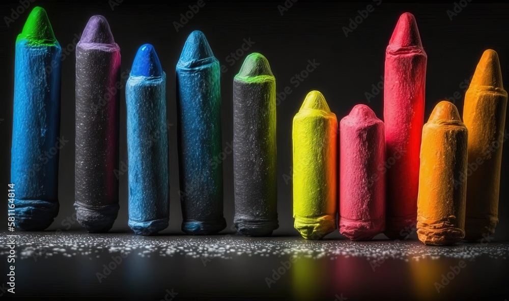 Poster a row of colored crayons sitting on top of a table next to a black background with glitter on the fl