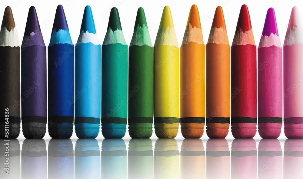 Poster a row of different colored pencils lined up in a straight line on a white surface with a reflection 