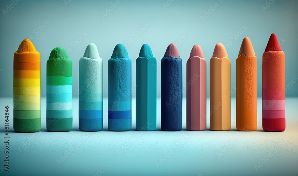 Poster a row of colored crayons lined up in a row on a blue background with a light reflection on the botto