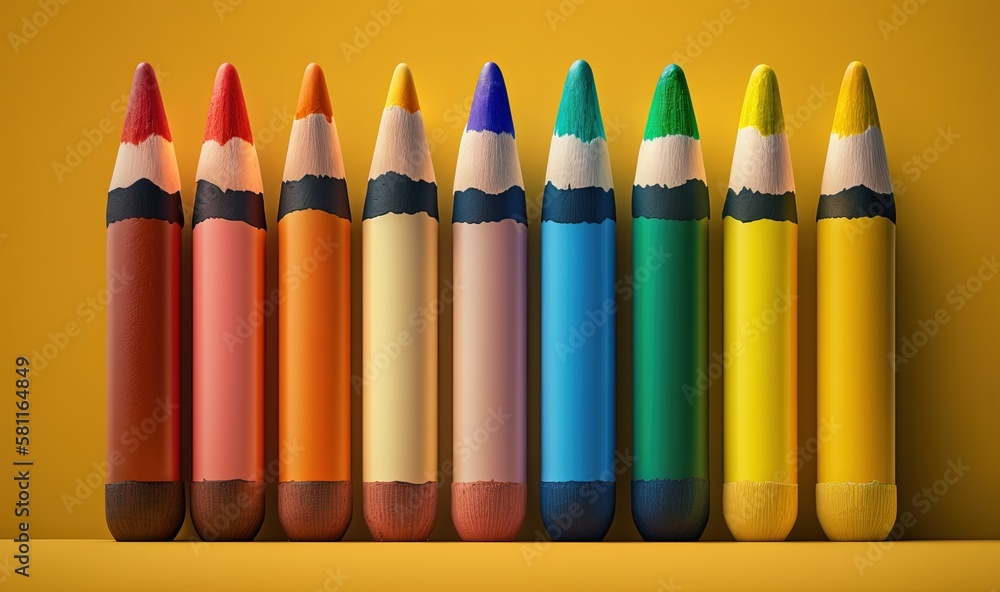Poster a row of colored pencils lined up in a row on a yellow background with a yellow background behind th
