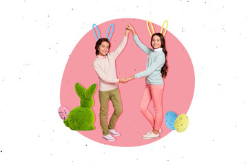 Creative collage picture of two positive kids hold arms drawing bunny ears fluffy toy painted eggs...