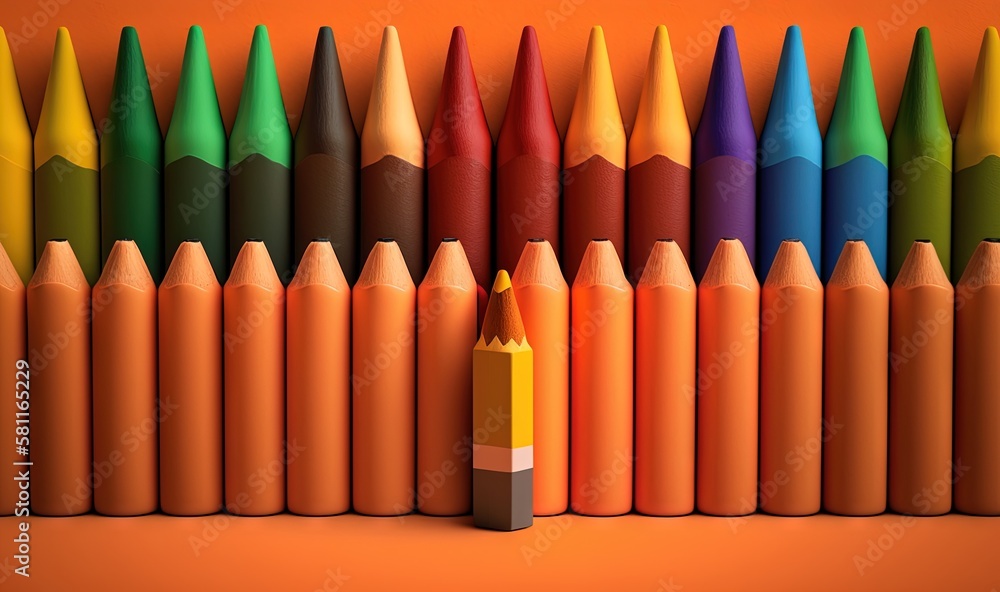 Poster a row of colored pencils with a pencil sharpener in the middle of the row on an orange background wi