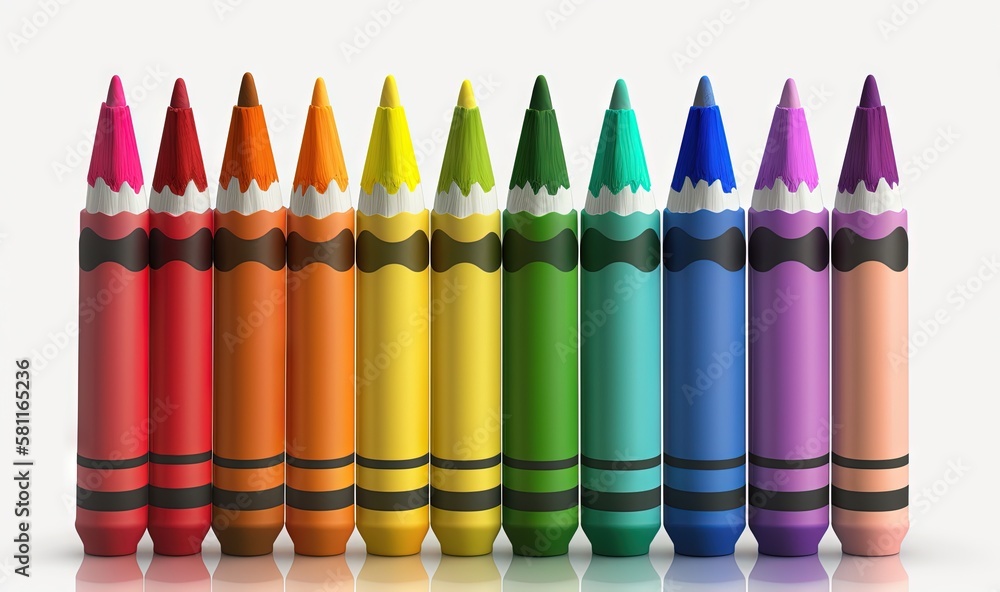 Poster a row of colored crayons lined up in a straight line on a white background with a reflection on the 