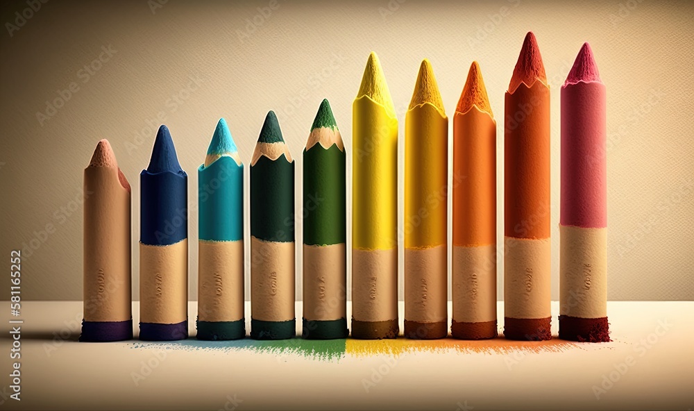 Aufkleber a row of colored pencils sitting on top of a table next to each other on top of a white tablecloth w