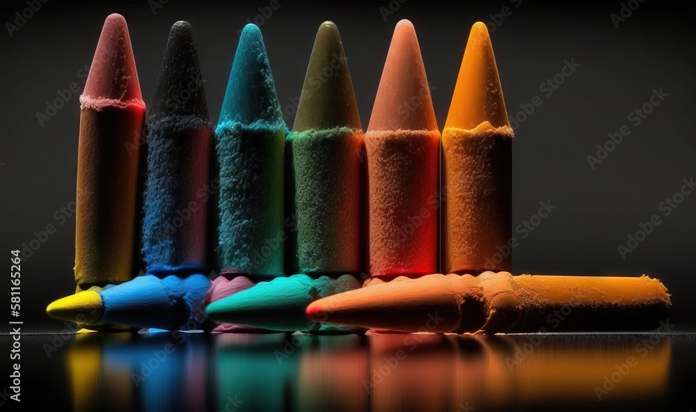 Poster a row of colored crayons sitting on top of a table next to each other on a reflective surface with a