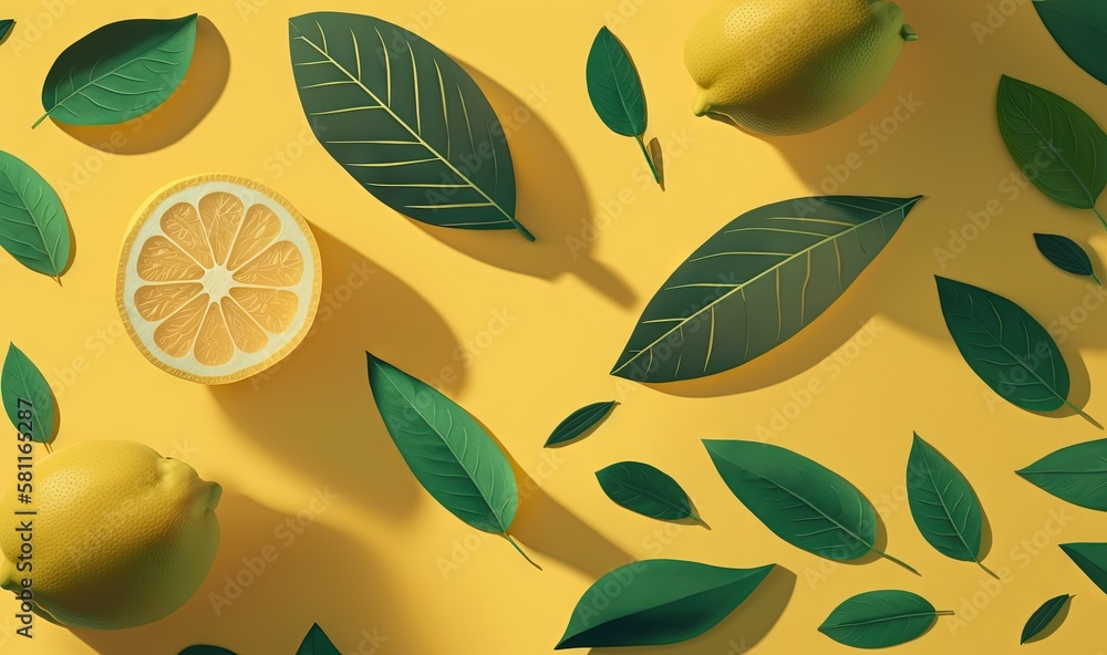 Poster a lemon and some green leaves on a yellow background with a lemon slice on the bottom of the image a