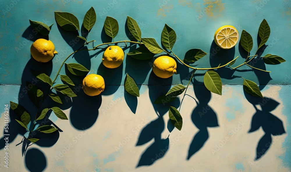 Poster a group of lemons on a branch with leaves on a blue background with a shadow of a lemon on the branc