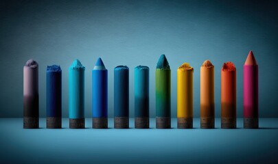  a row of colored crayons lined up in a row on a blue background with a blue background and a blue wall in the background.  generative ai