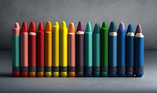  a row of colored crayons sitting on top of a table next to each other in front of a gray wall and a concrete wall.  generative ai