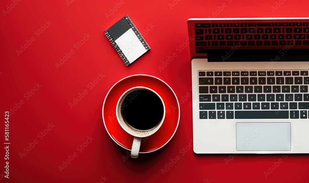 Poster a laptop computer sitting on top of a red table next to a cup of coffee and a notepad on top of a re
