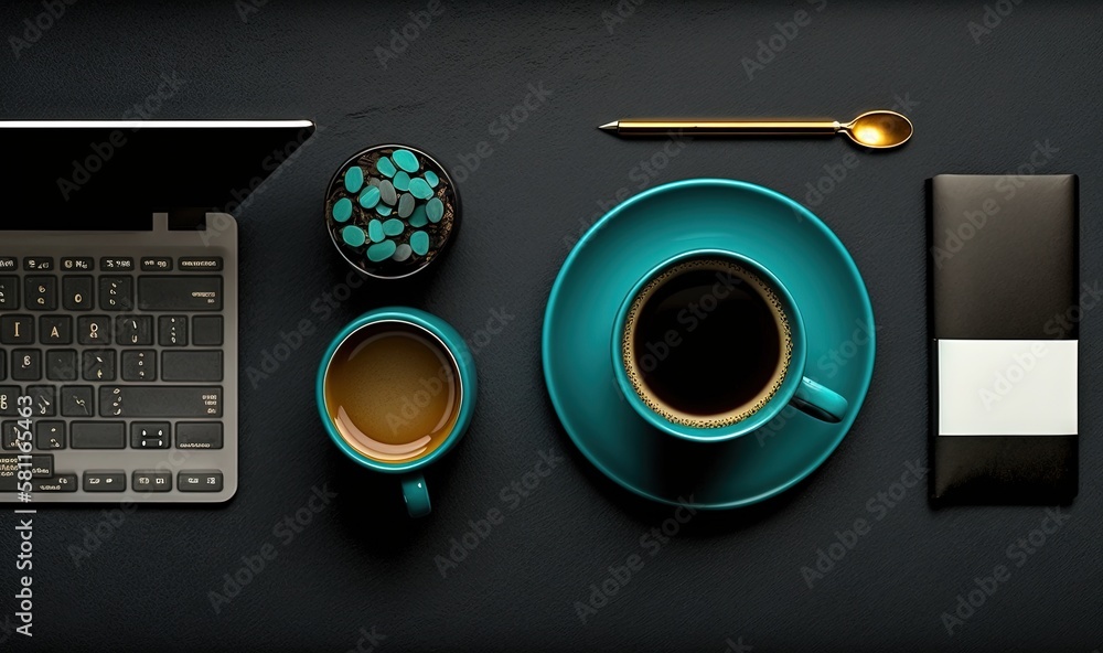 Poster a cup of coffee and a laptop on a desk with a keyboard and mouse and a spoon and a spoon rest on the