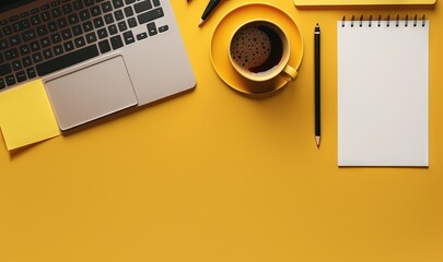  a cup of coffee next to a laptop and a notepad on a yellow surface with a pen and a laptop on top of it.  generative ai