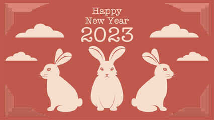 Chinese new year 2023 year of the rabbit - red traditional Chinese designs with rabbits, bunnies. Lunar new year concept, modern design.