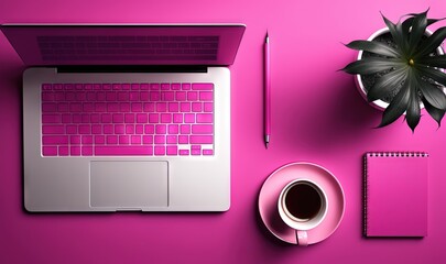  a laptop computer sitting on top of a desk next to a cup of coffee and a pen and a notebook on a pink surface next to a plant.  generative ai