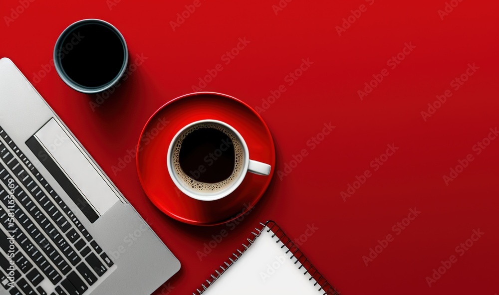 Poster a laptop computer sitting on top of a red table next to a cup of coffee and a notebook on top of a d