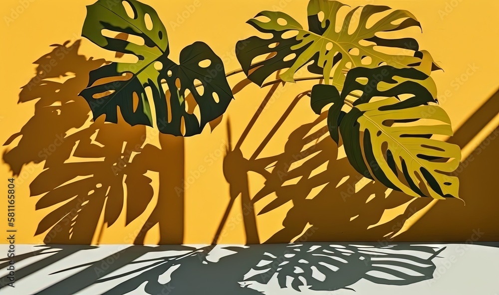 Poster a plant casts a shadow on a yellow wall with a shadow cast on the wall behind it and a shadow cast o