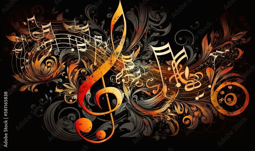 Poster a colorful music note with musical notes on a black background with swirls and swirls of color on th