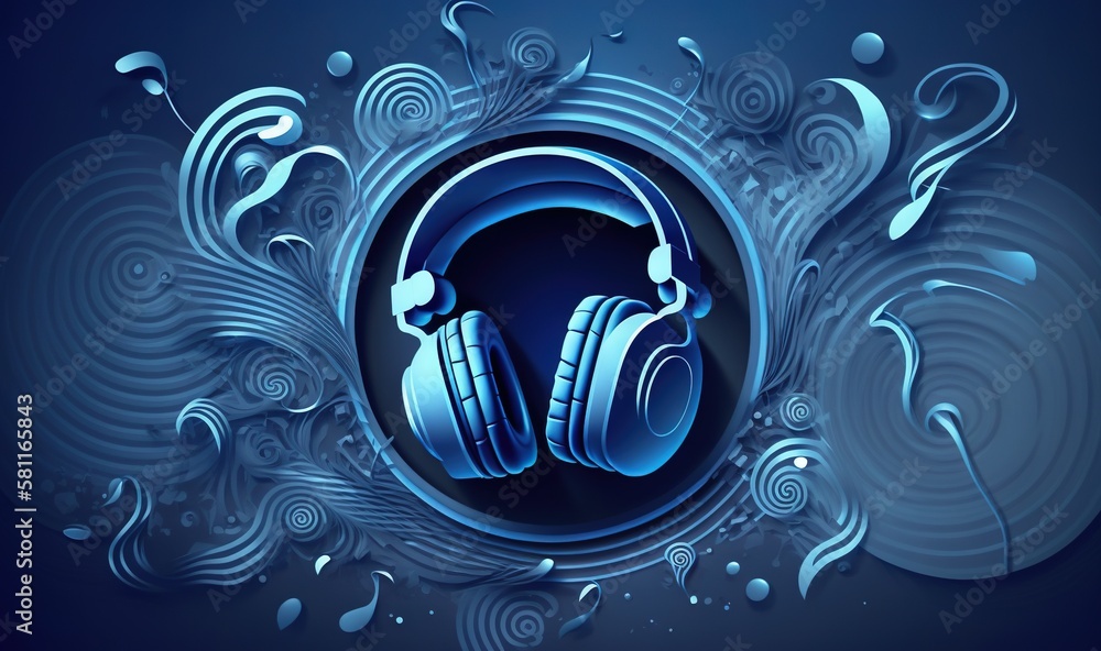 Poster a pair of headphones floating in a blue circle with swirls and bubbles around it on a blue backgroun