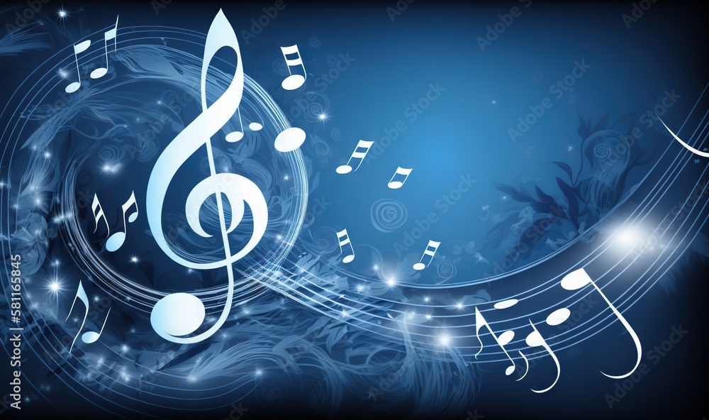 Poster a blue background with musical notes and a swirl of music notes on the left side of the image, and a