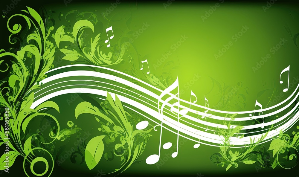 Poster a green background with musical notes and leaves on it's sides and a green background with music not