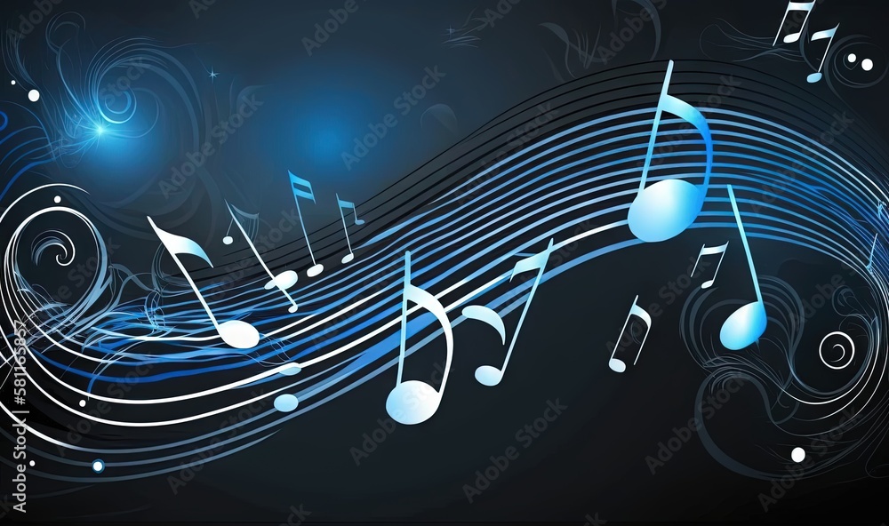 Poster a music background with musical notes and swirls on a black background with a blue glow and a blue g