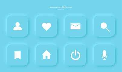 Set of buttons for designing user interface in blue. Elements, icons for mobile devices in the style of neumorphism, UI, UX. Vector illustration.