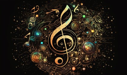  a musical note with a treble surrounded by musical notes and stars on a black background with a gold swirl and swirl design in the middle.  generative ai