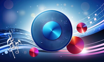  a blue speaker surrounded by musical notes and a treble on a blue background with stars and circles around it, with a musical note in the center of the foreground.  generative ai