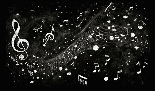  a black and white photo of music notes and stars on a black background with a white swirl and stars in the middle of the image.  generative ai