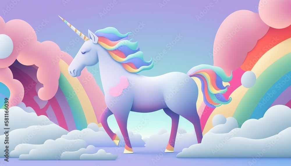 Poster a unicorn standing in the clouds with a rainbow in the backgroung of it's head and a rainbow in the 